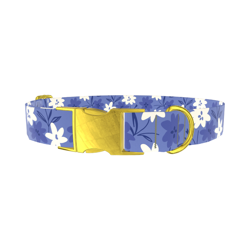 Blue Floral Pattern Dog Collar - metal gold