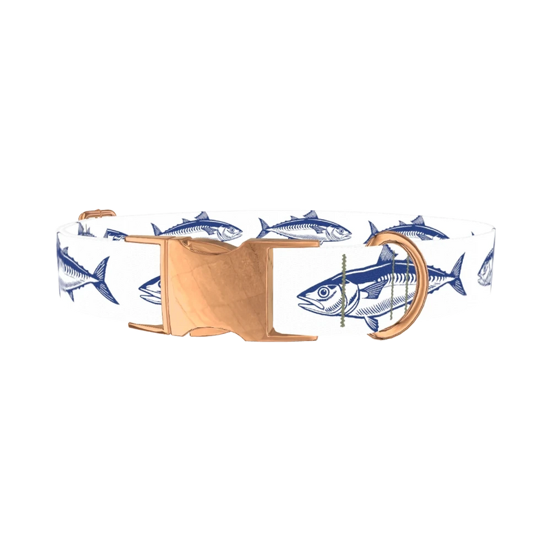 Dark Blue Fish Pattern Dog Collar - metal rose gold