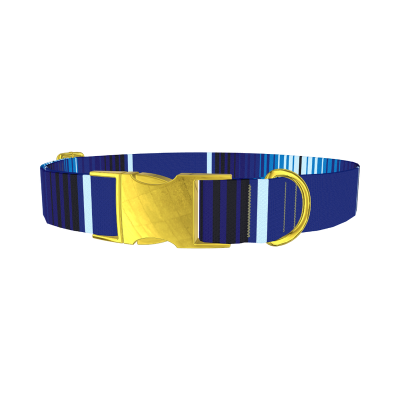 Blue Geometric Stripe Dog Collar - metal gold