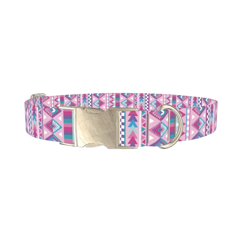 Pink Geometric Pattern Dog Collar - metal silver