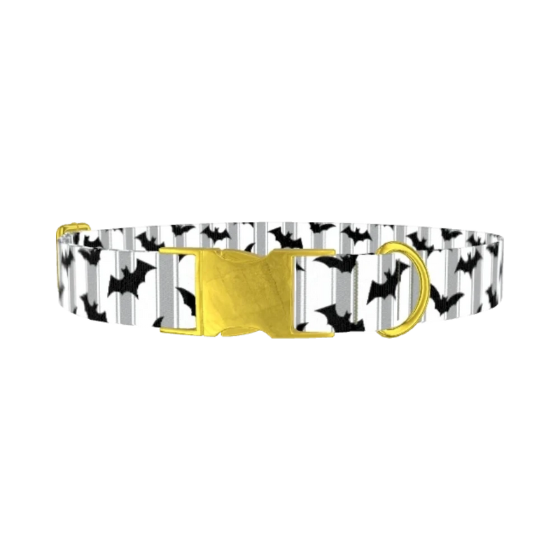 Striped Bat Halloween Dog Collar - metal gold