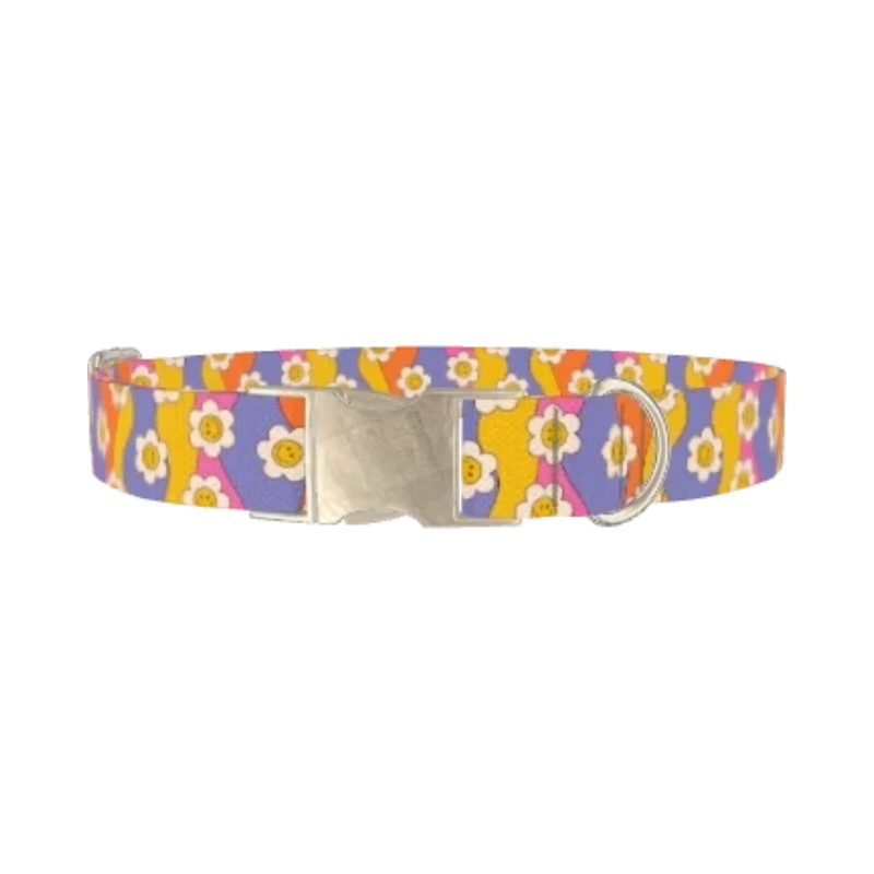 Groovy Smile Flower Dog Collar - metal silver