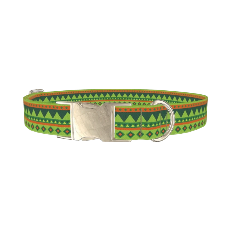 Green Tribal Stripes Dog Collar - metal silver