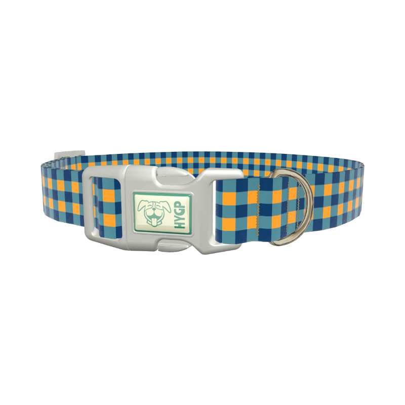 Yellow Blue Checkered Dog Collar - plastic rose gold