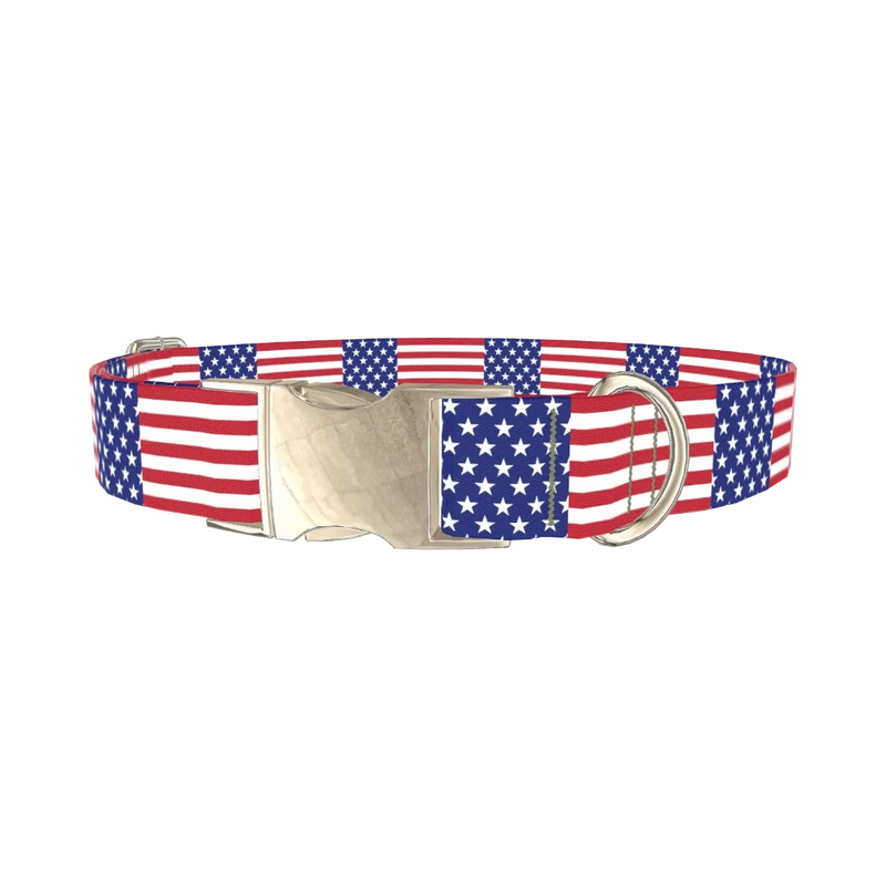 Patriotic American Flag Dog Collar - metal silver