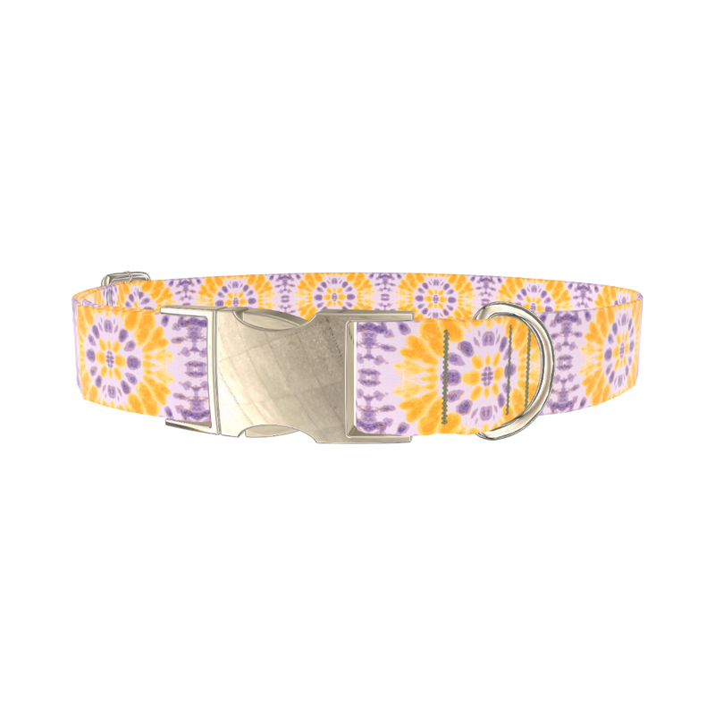Yellow Purple Tie-Dye Dog Collar - metal gold