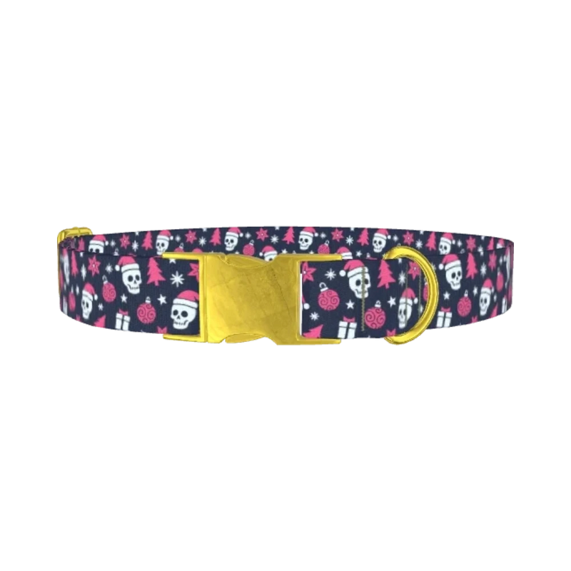 Christmas Gothic Skulls Dog Collar - metal gold