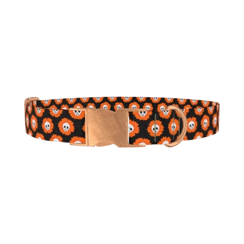 Halloween Skull Flower Dog Collar - metal rose gold