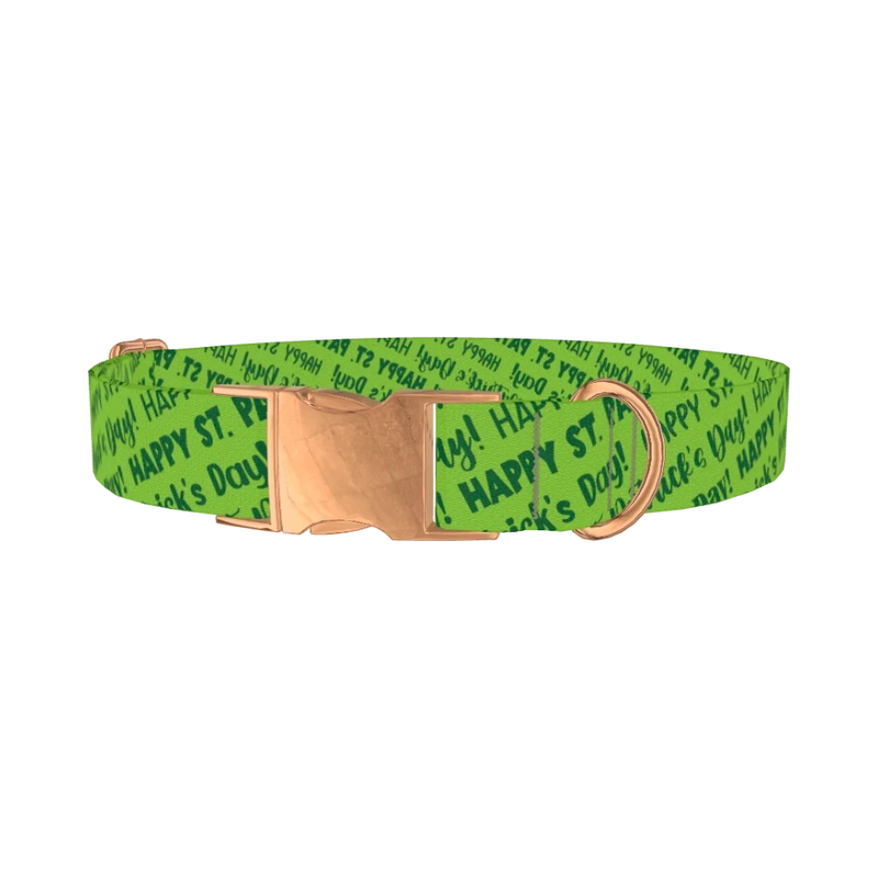 Green St. Patrick's Text Dog Collar - metal rose gold