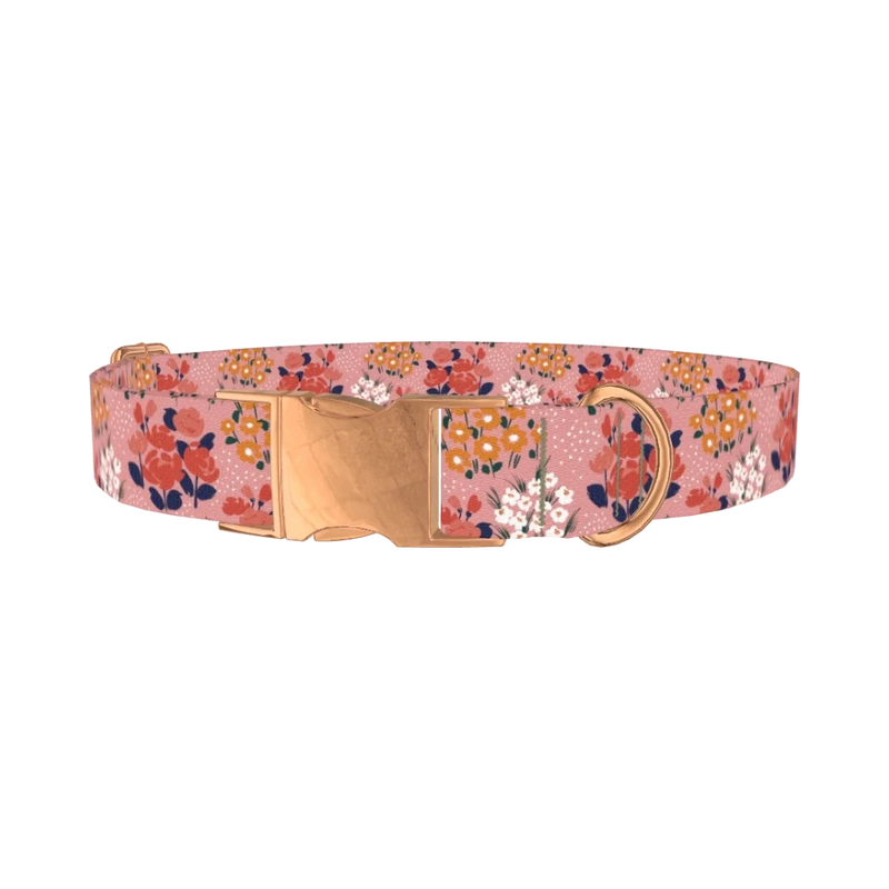 Pink Floral Bloom Dog Collar - metal rose gold