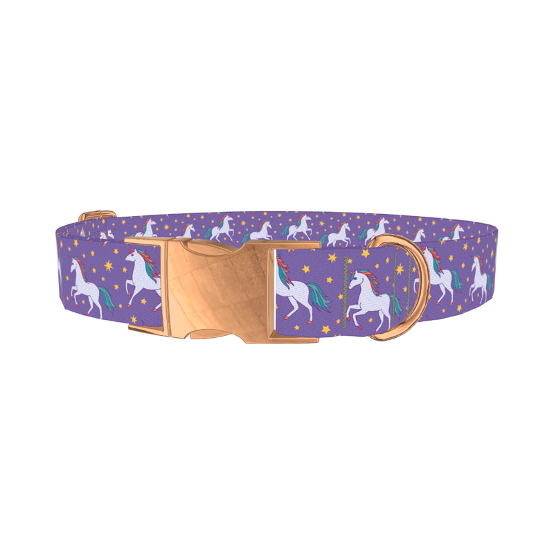 Purple Unicorn Fantasy Dog Collar - metal rose gold