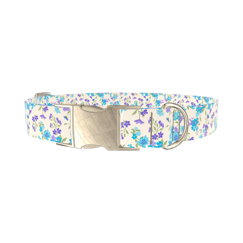 Blue Purple Floral Dog Collar - metal silver