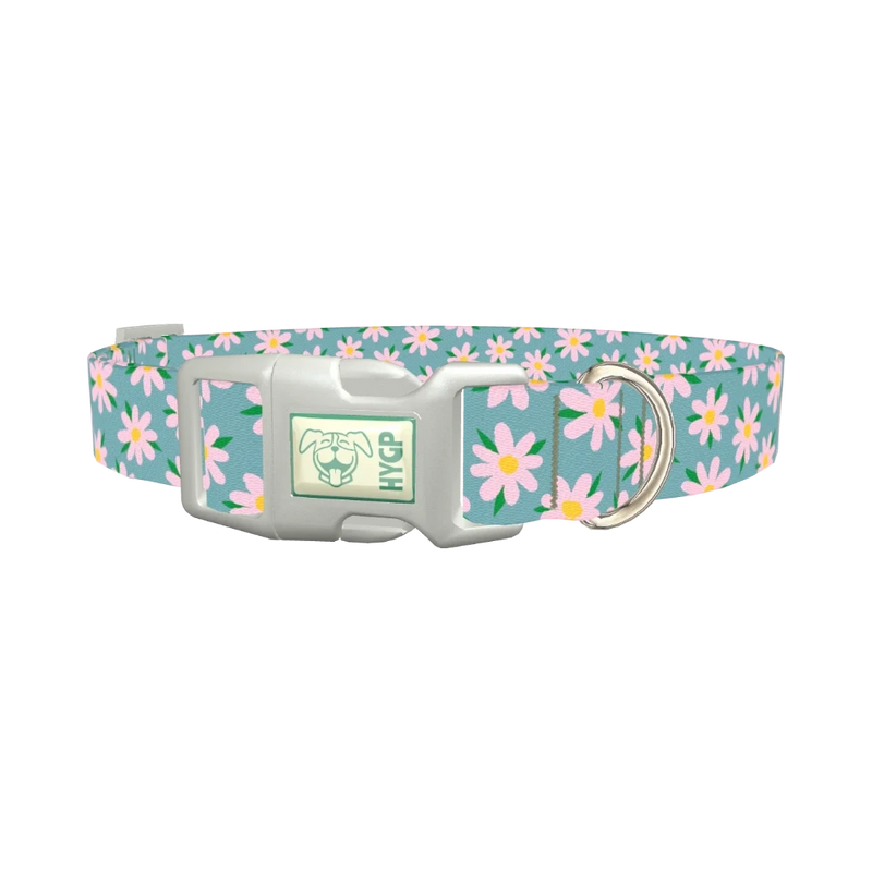 Floral Pink Camomile Dog Collar - plastic silver