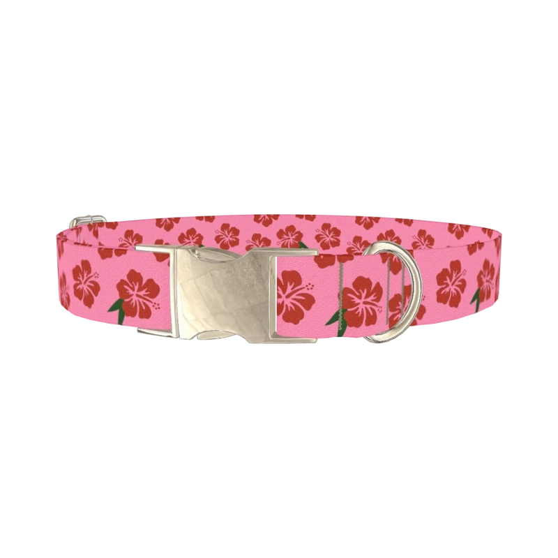 Pink Hibiscus Floral Dog Collar - metal silver
