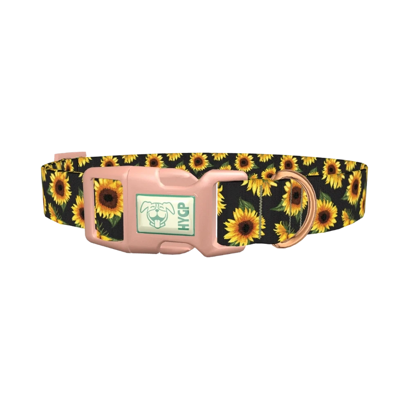Sunflower Pattern Black Dog Collar - plastic rose gold