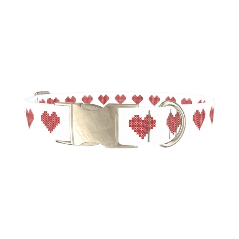 Cross Stitch Heart Dog Collar - metal silver