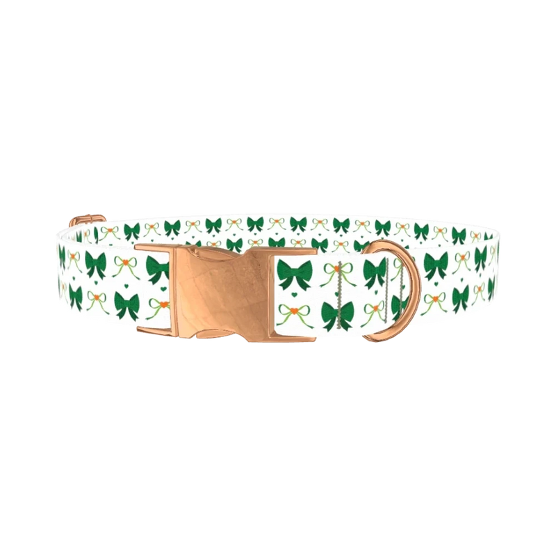 Green Bow Heart Dog Collar - metal rose gold