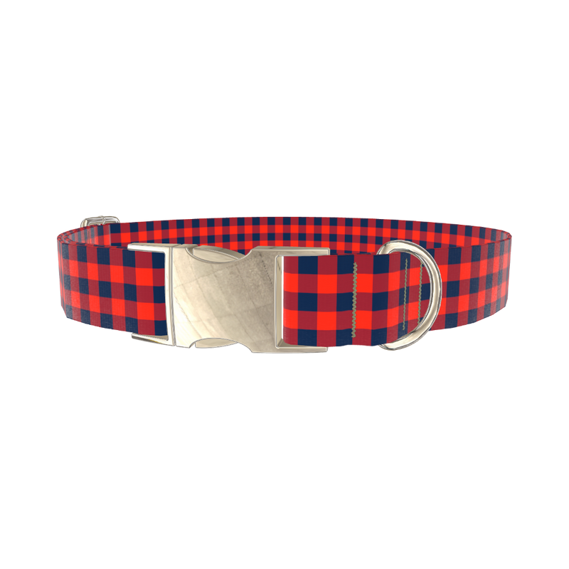 Blue Red Plaid Dog Collar - metal gold