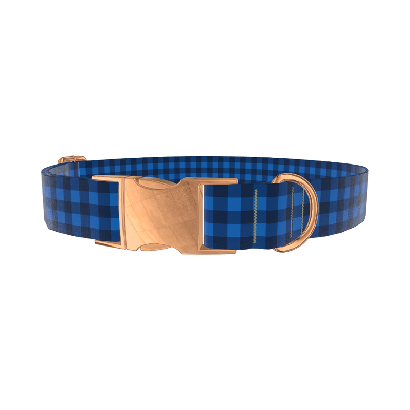 Dark Blue Checkered Dog Collar - metal silver
