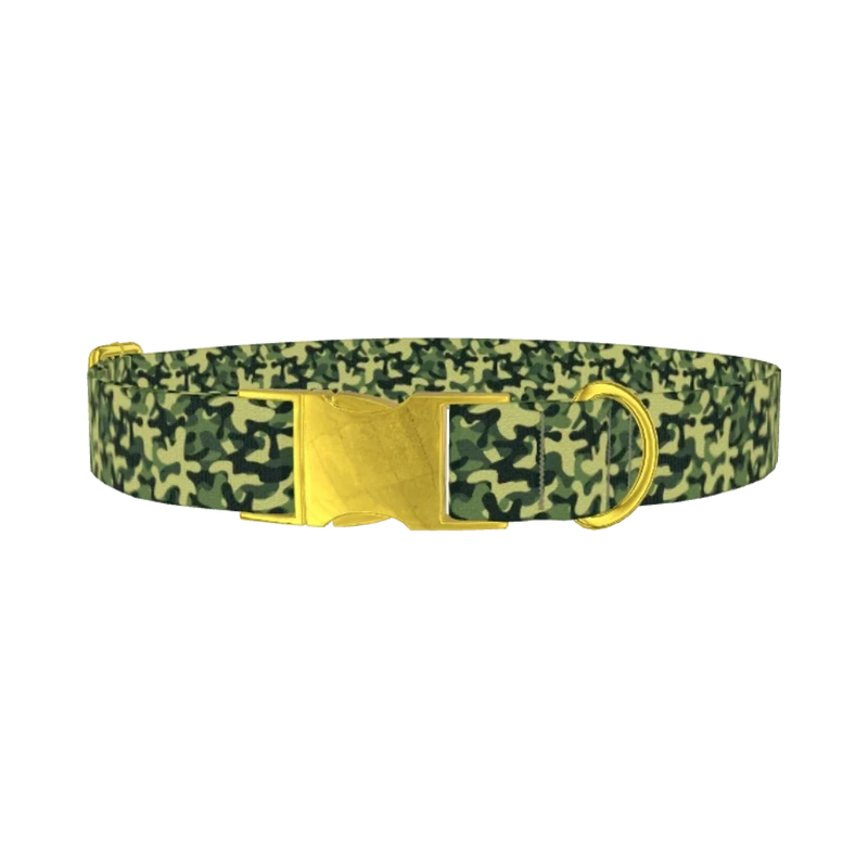 Dark Green Camo Dog Collar - metal gold