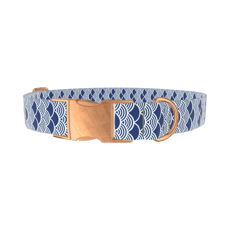 Blue Japanese Wave Dog Collar - metal rose gold