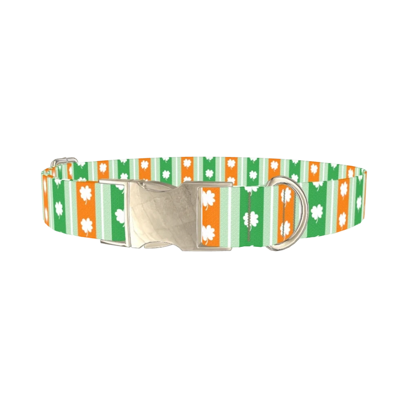 St. Patrick's Shamrock Stripe Dog Collar - metal silver