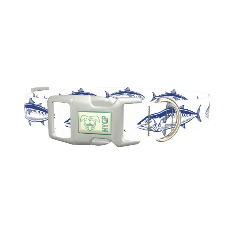 Dark Blue Fish Pattern Dog Collar - plastic silver