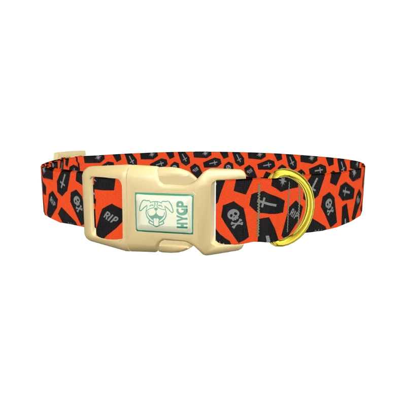 Orange Coffin Halloween Dog Collar - plastic gold