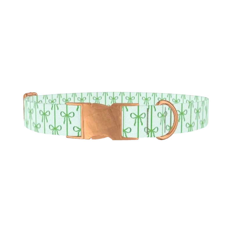 Green Bow Pattern Dog Collar - metal rose gold