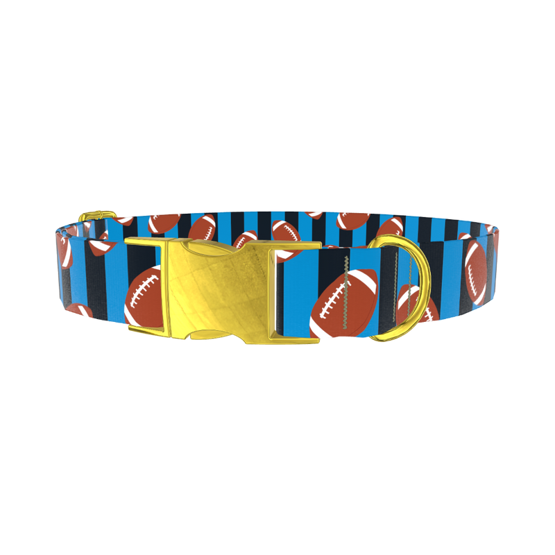 Blue Striped Football Dog Collar - metal gold