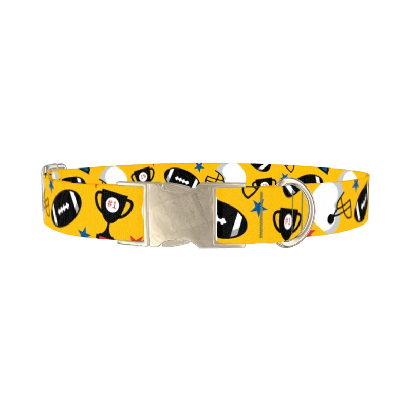 Yellow Football Trophy Dog Collar - metal silver