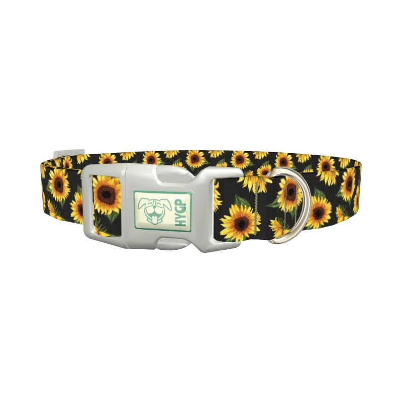 Sunflower Pattern Black Dog Collar - plastic silver