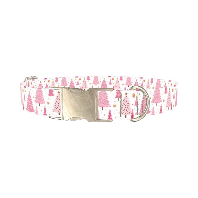 Pink Festive Trees Dog Collar - metal silver
