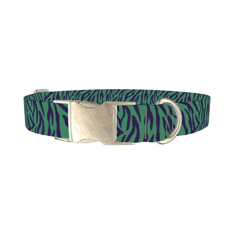 Green Zebra Pattern Dog Collar - metal silver