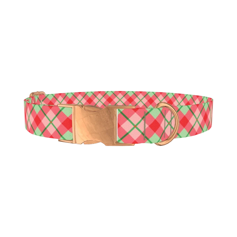 Festive Pink Plaid Dog Collar - metal rose gold