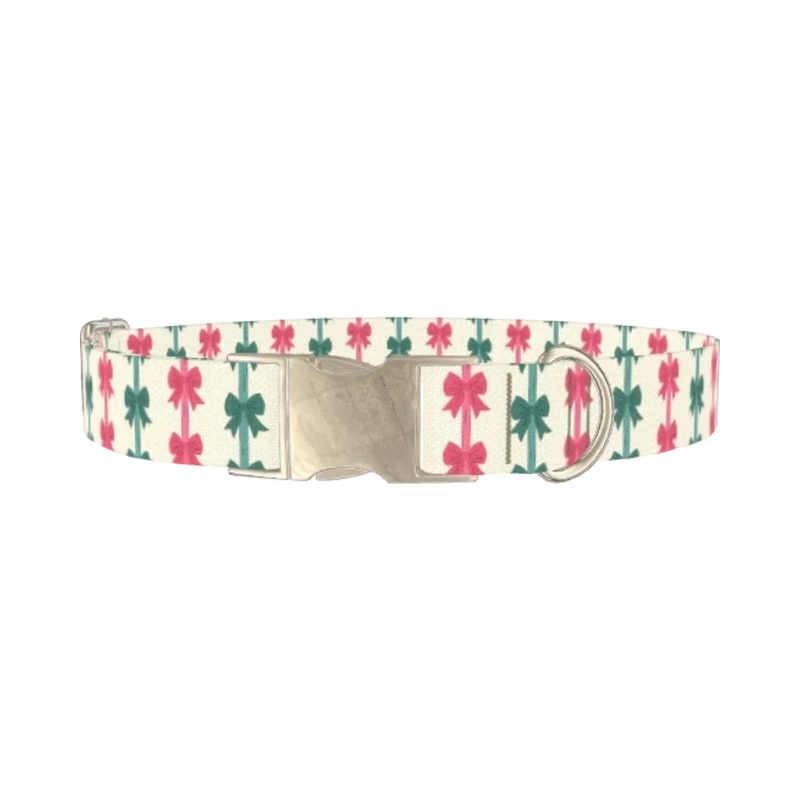 Christmas Bows Dog Collar - metal silver
