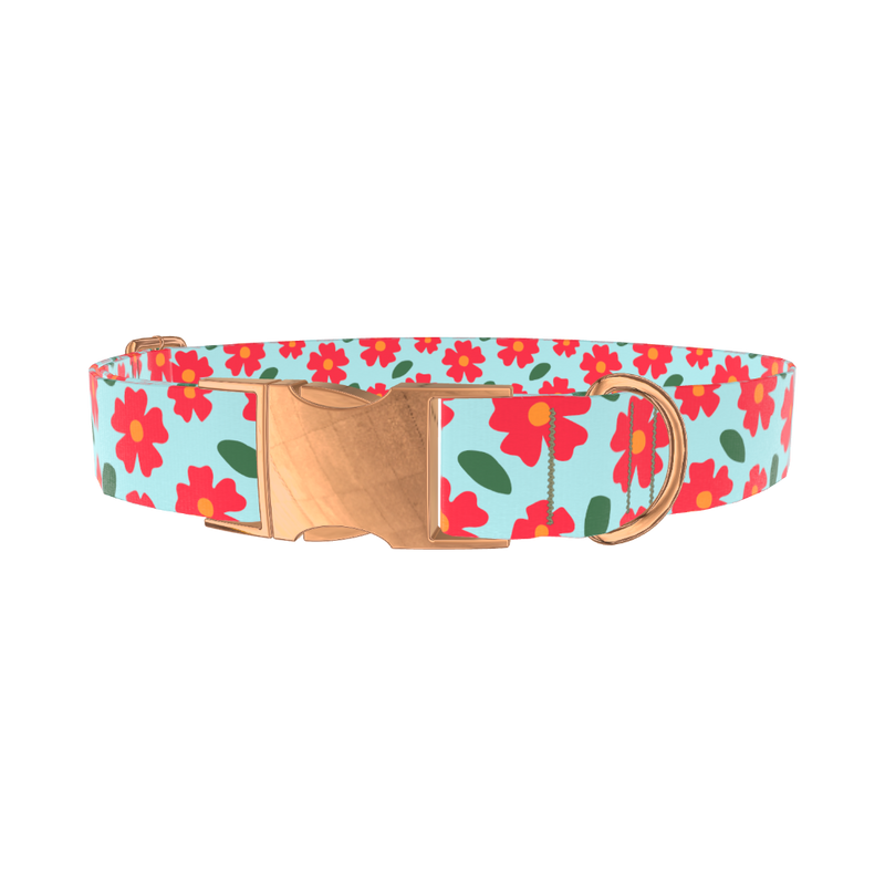 Red Floral Dog Collar - metal rose gold