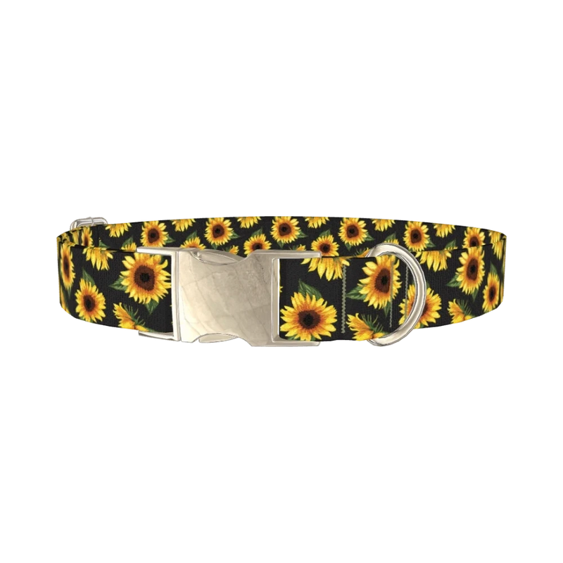 Sunflower Pattern Black Dog Collar - metal silver