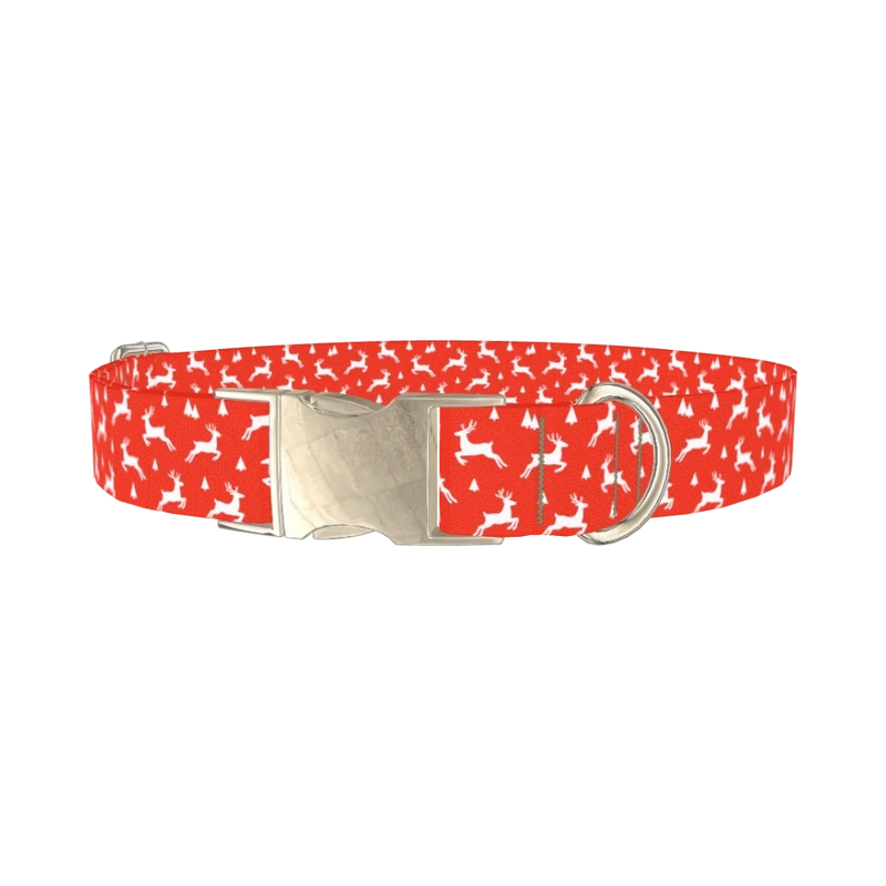Red Christmas Reindeer Dog Collar - metal silver