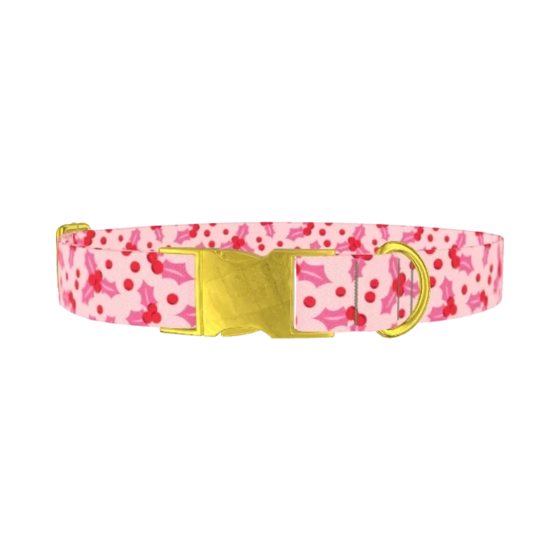 Pink Holly Berry Dog Collar - metal gold