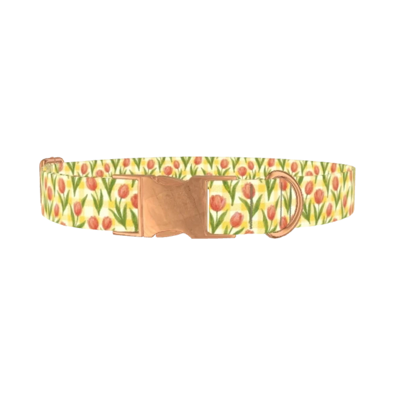 Floral Tulip Plaid Dog Collar - metal rose gold