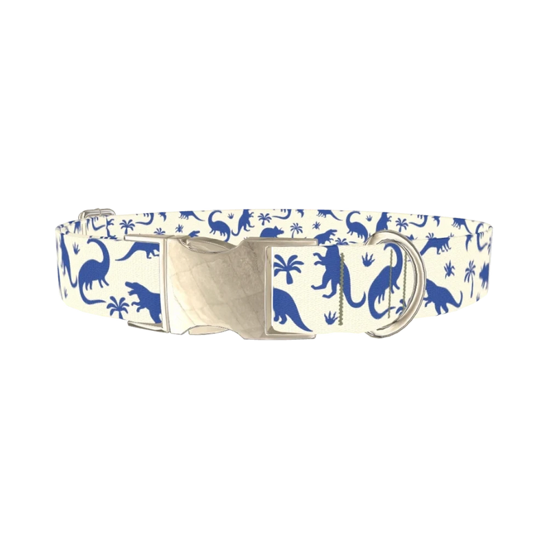 Blue Dinosaur Jungle Dog Collar - metal silver