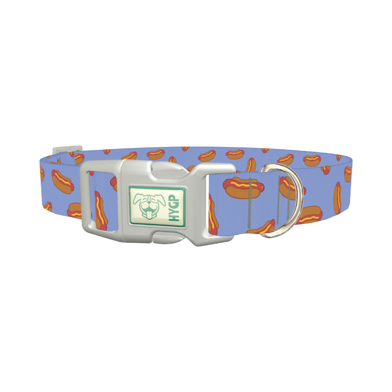 Blue Hotdog Print Dog Collar - plastic silver