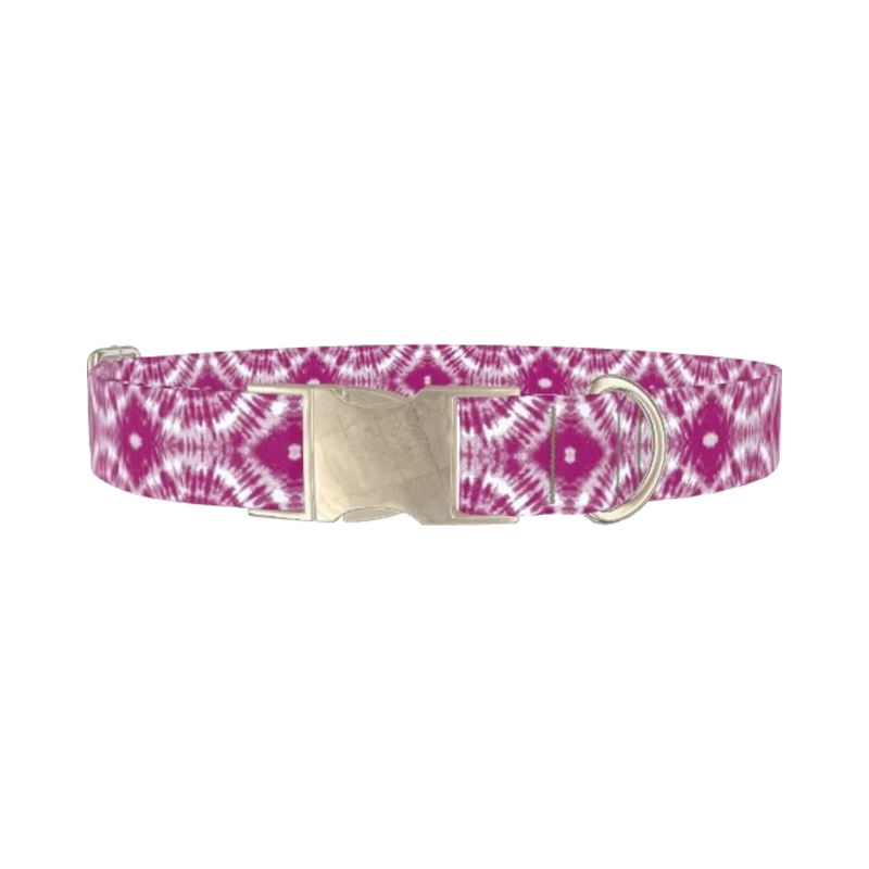 Pink Spiral Tie-Dye Dog Collar - metal silver