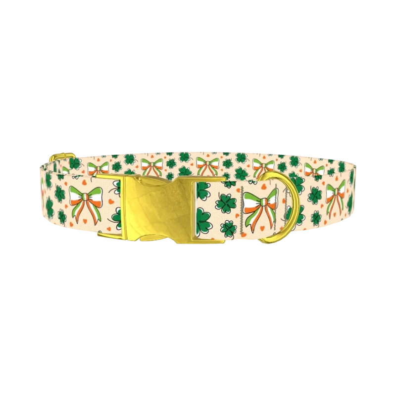 St. Patrick's Clover Bow Dog Collar - metal gold