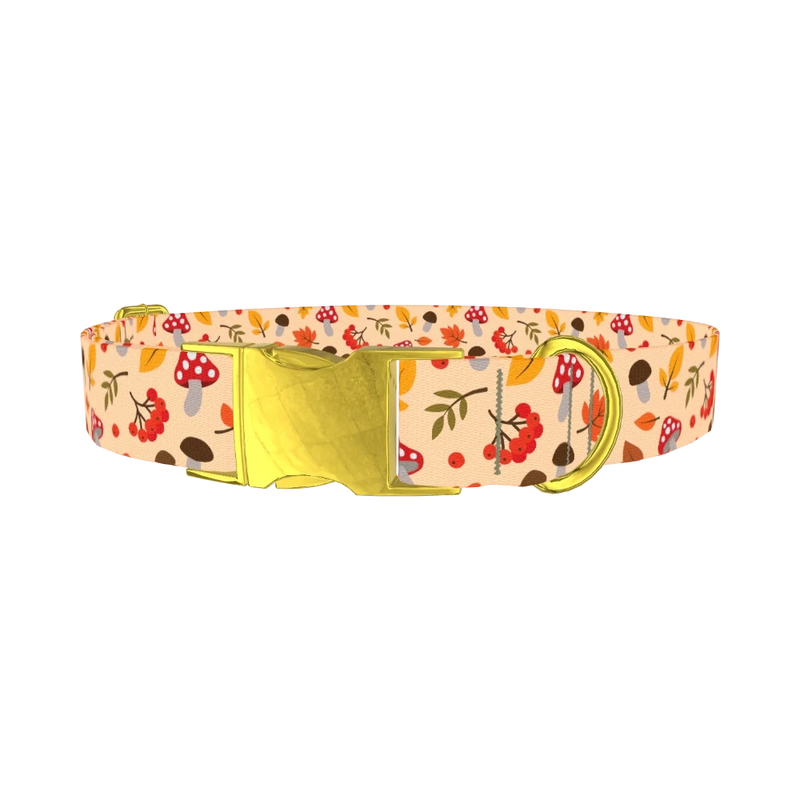 Autumn Leaves and Mushrooms Dog Collar - metal gold