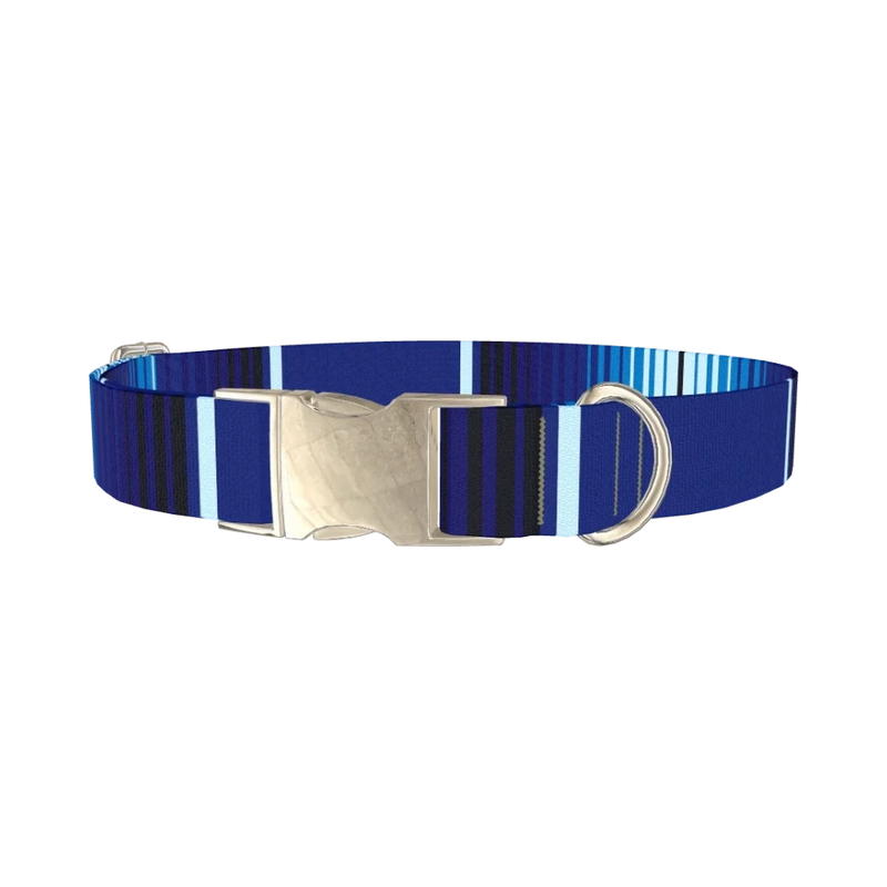 Blue Geometric Stripe Dog Collar - metal silver