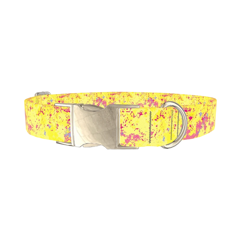 Yellow Abstract Splatter Dog Collar - metal silver