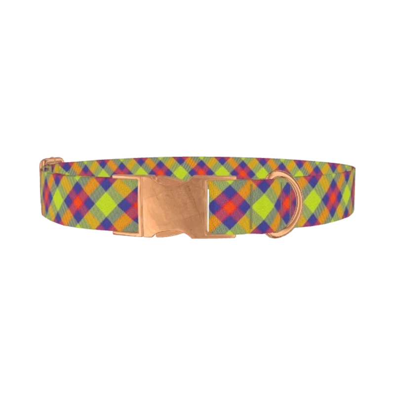 Colorful Plaid Dog Collar - metal rose gold