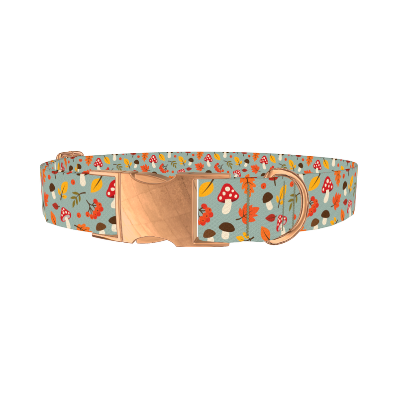Autumn Leaves Mushroom Dog Collar - metal rose gold